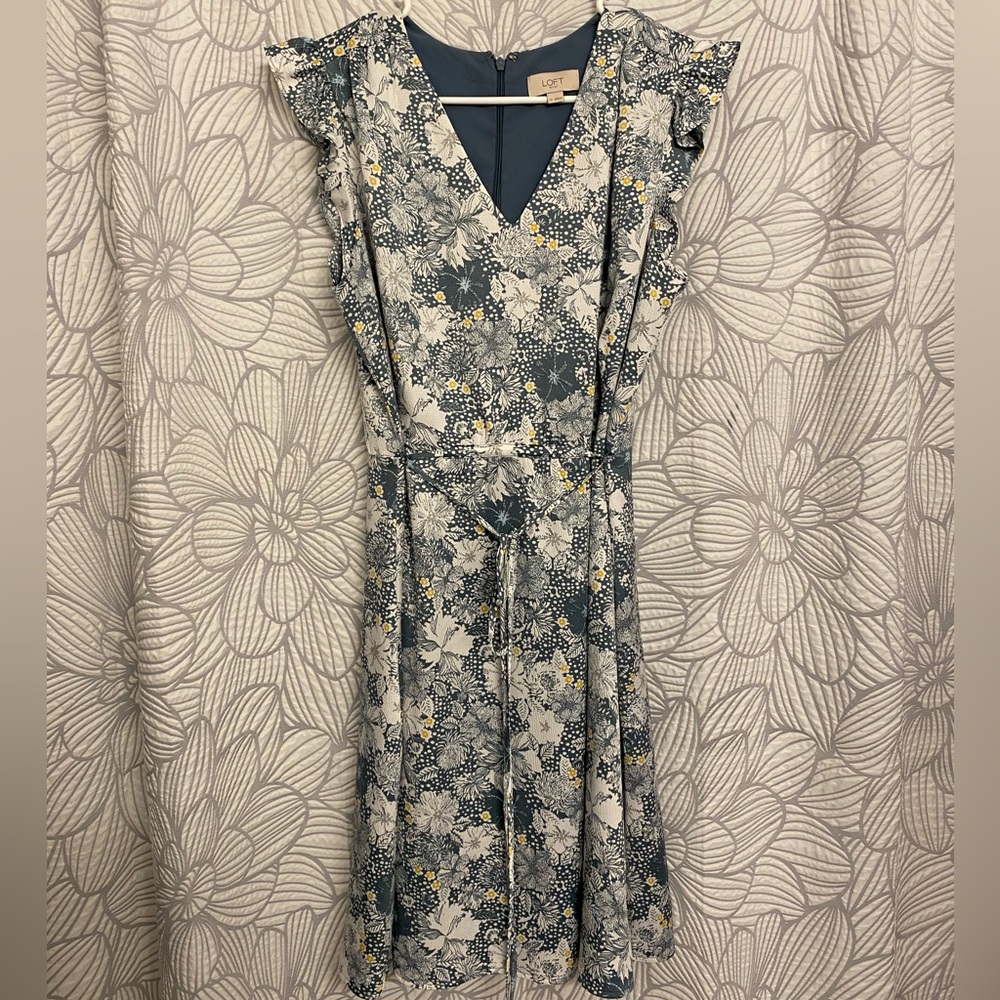 Floral Loft Dress with Flutter Sleeve and Waist Tie